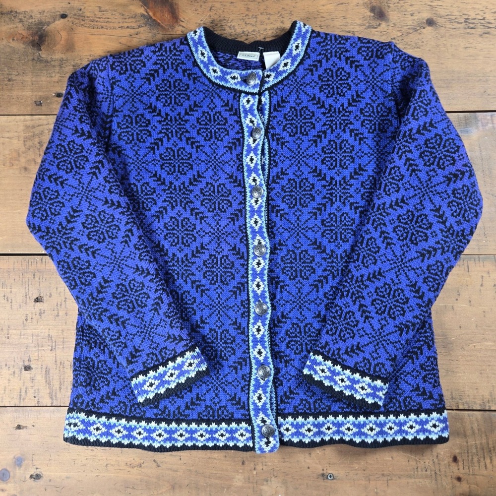 LL Bean Women Med Blue Fair Isle Cotton Cardigan Sweater Pewter Buttons Nordic